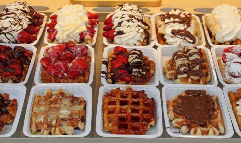 Belgian waffles with cream and fruit