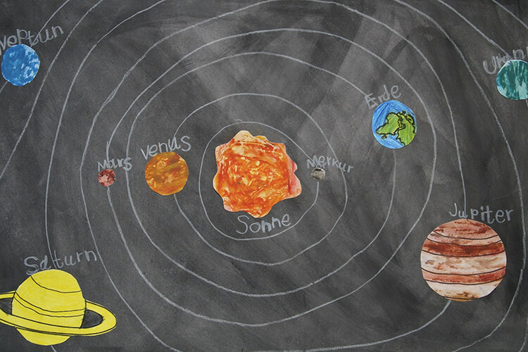 Paper cutout planets on a chalkboard drawing of the solar system