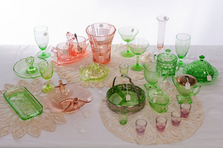 variety of depression glass pieces