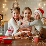 happy family mother and children bake Christmas cookies