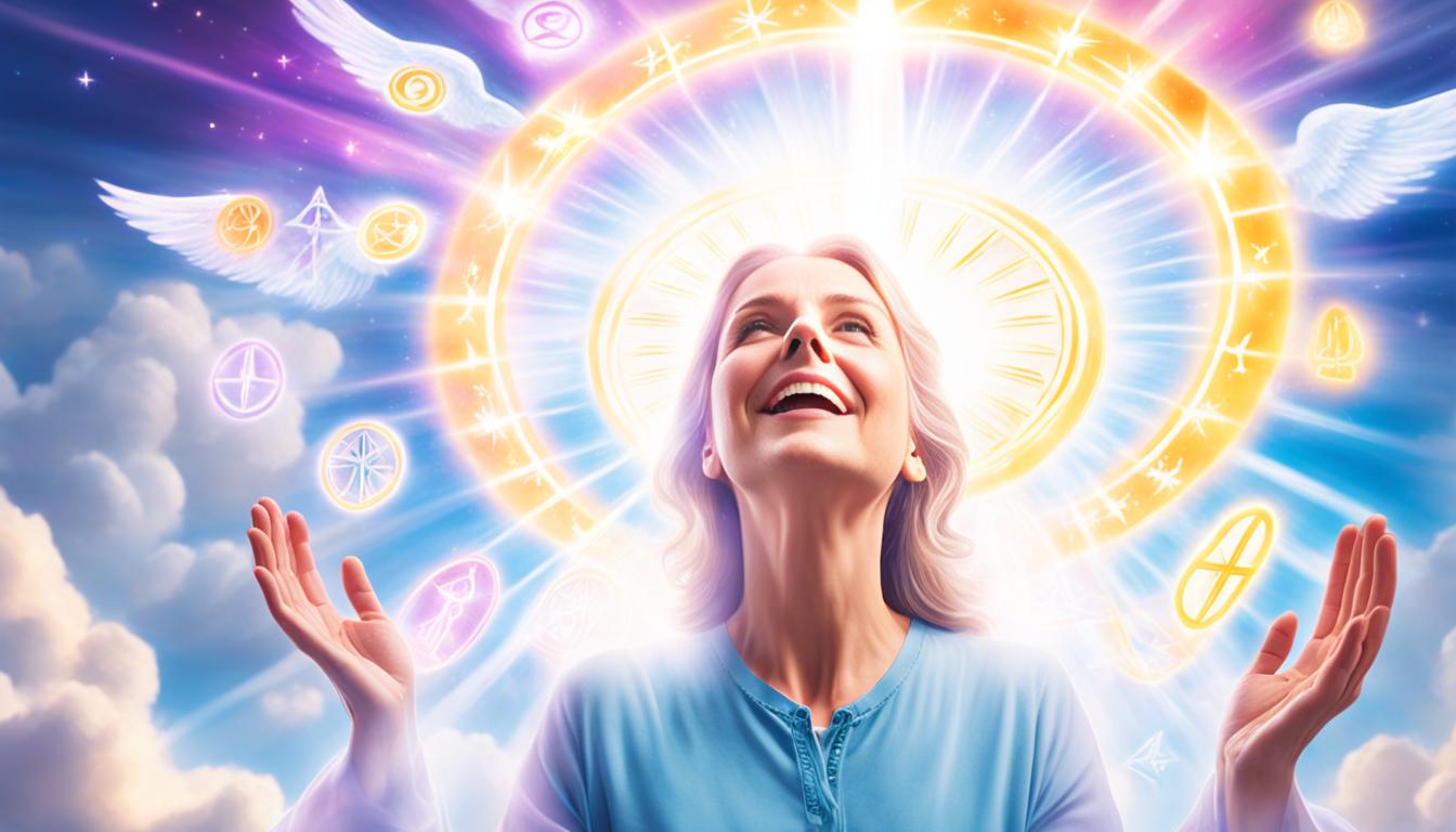 smiling woman looking towards heaven with glowing angel wings around