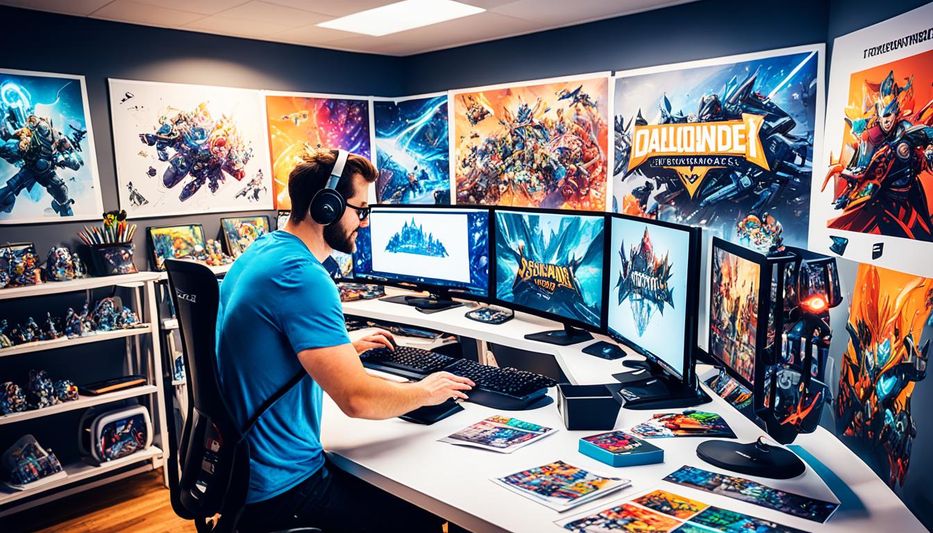 a game designer sits at a creative workspace filled with colorful sketches, illustrations, and gaming paraphernalia.