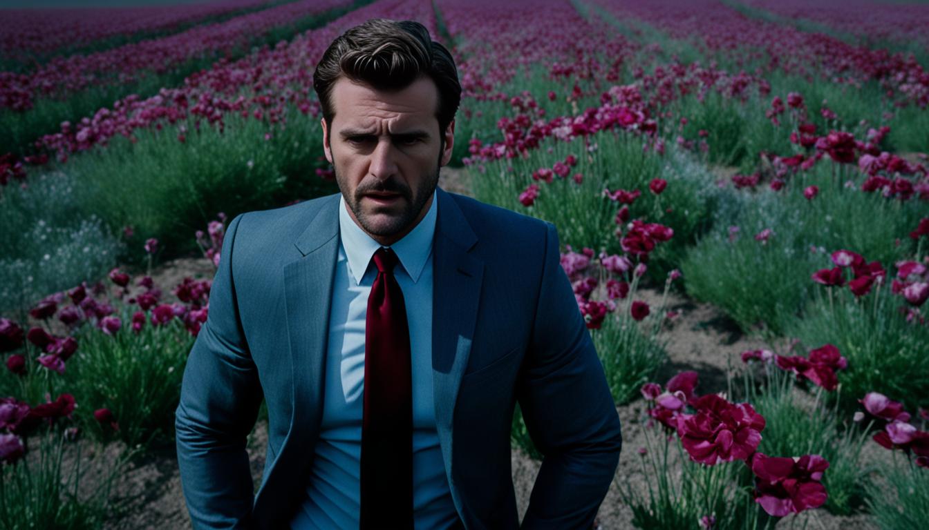 A man standing in a field of flowers, wearing a suit and tie, with a disapproving look on his face as he watches another man spit on the ground.