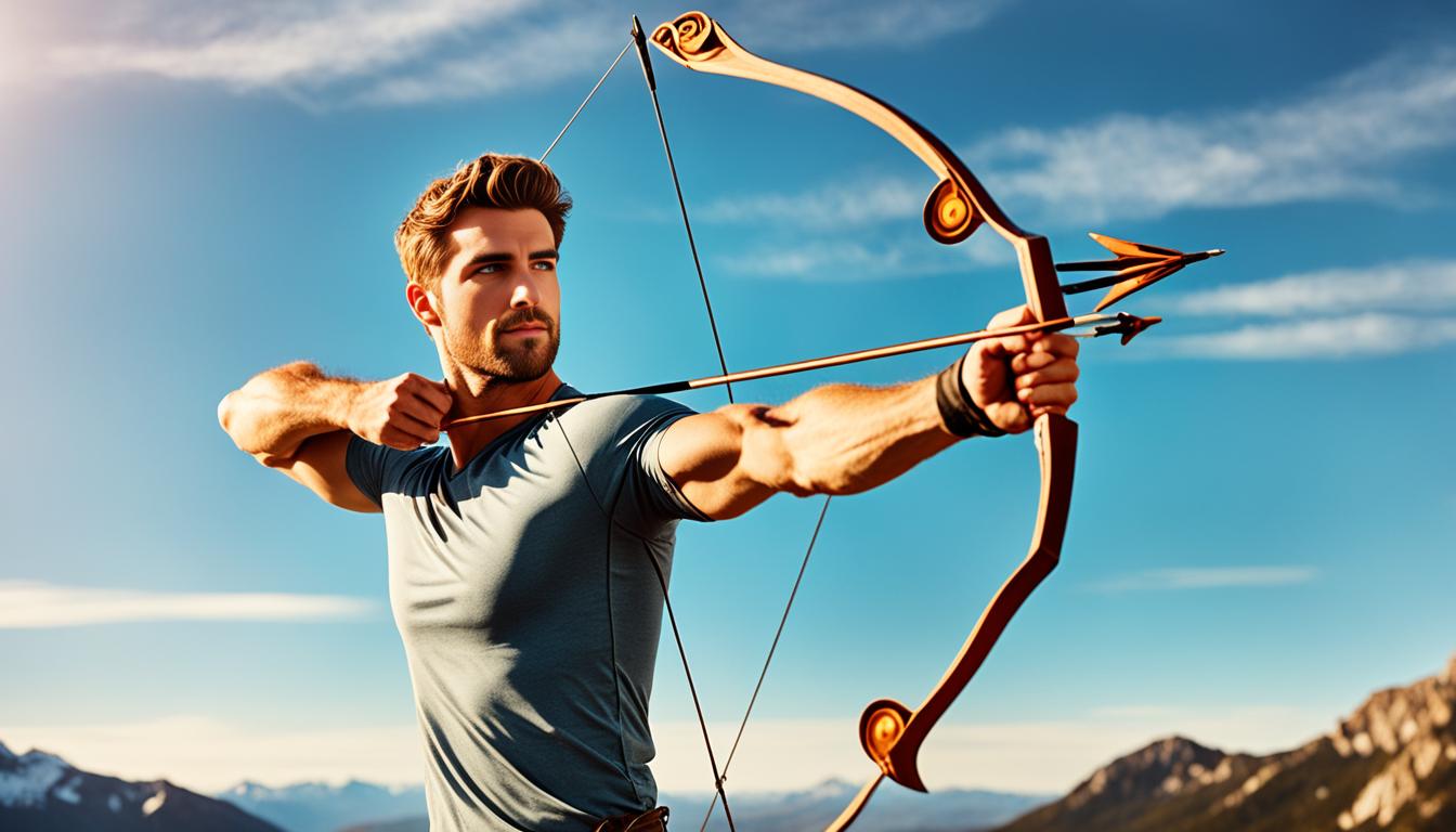 A Sagittarius man standing on a mountaintop, his bow and arrow in hand, with the zodiac signs of his most compatible partners swirling around him. 