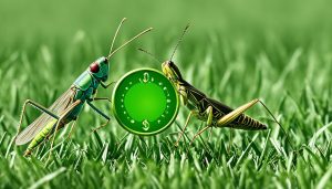 grasshopper and cricket facing off on a patch of grass