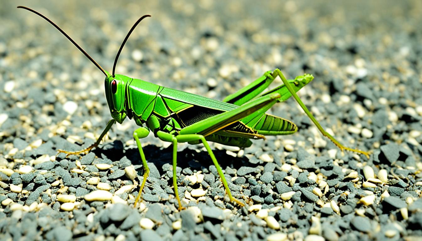 grasshopper using its hind legs to detect vibrations in the ground to locate sound.