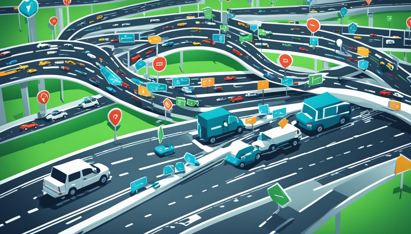 A web of interconnected roads with various vehicles moving in opposite directions, with arrows pointing towards each other indicating a flow of traffic.