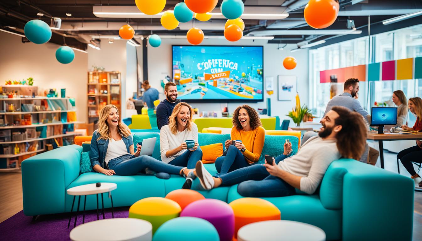 A group of happy people working together in a colorful and vibrant office space, surrounded by playful decorations and modern technology.