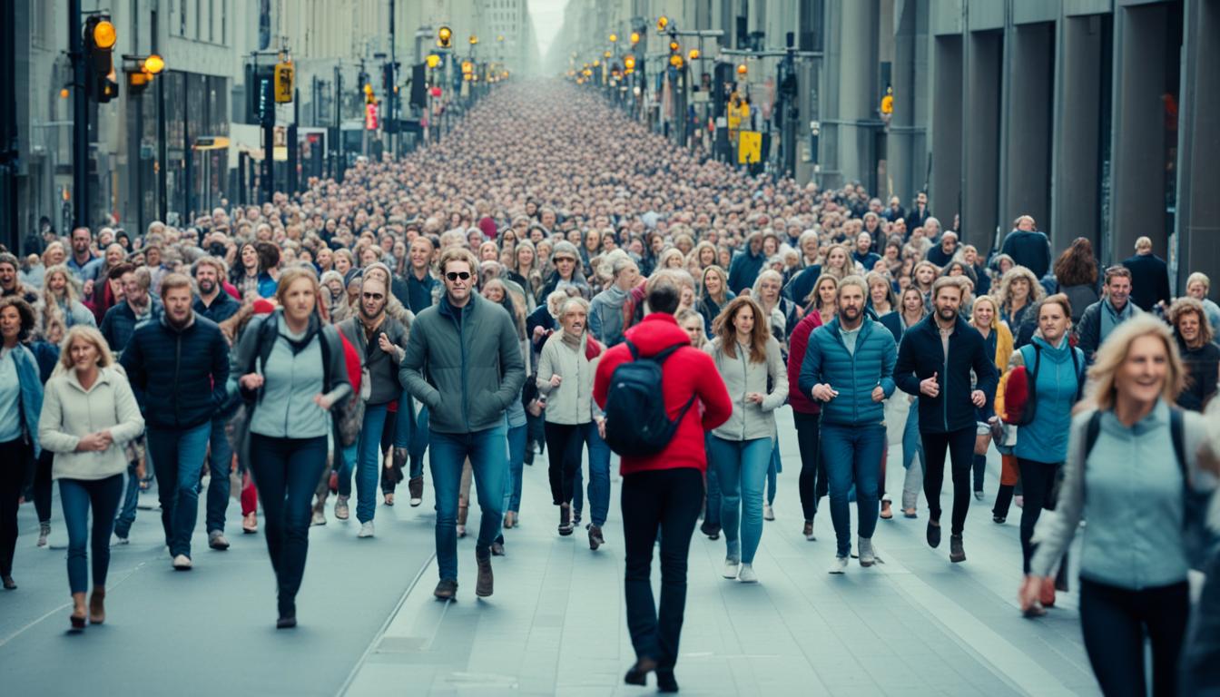 A bustling city street filled with people, but one person stands out in the crowd as they move at a snail's pace. Their casual stroll is causing a bottleneck of frustrated pedestrians trying to get around them