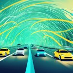 An abstract illustration of a connection between a website and a group of cars on a road. The website is represented as a bright, glowing hub with a funnel leading to it, while the cars on the road are blurry and in motion, representing the traffic exchanges.