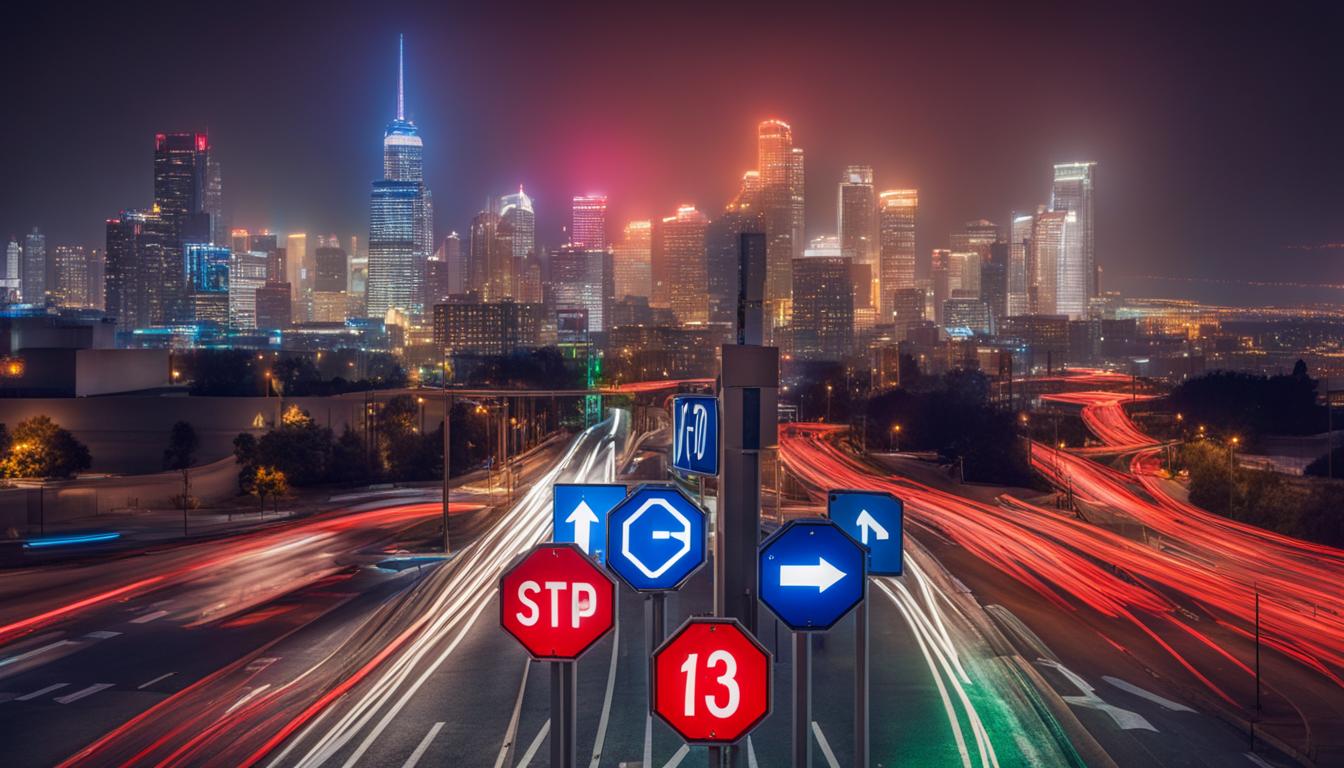 A group of different colored traffic signs, such as stop signs, yield signs, and speed limit signs clustered together in a circular formation, with an arrow pointing towards them. In the background, there is a blurred image of a cityscape at night.