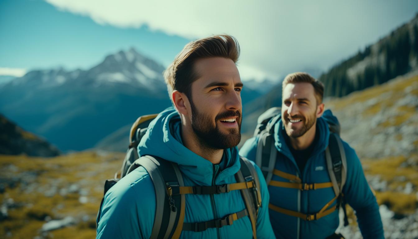 A Sagittarius man and his partner exploring a new adventure together, with mountains in the background and a sense of freedom and excitement.