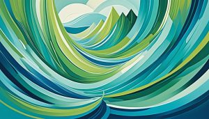 abstract landscape with swirling patterns in shades of blues and greens