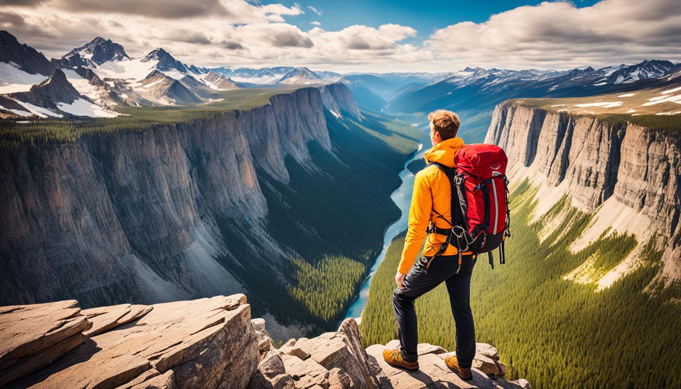 n adventurer standing at the edge of a cliff, gazing out into a vast and unexplored wilderness below.