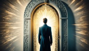 a person standing in front of a mysterious door, with rays of light shining from the keyhole, symbolizing the unlocking of their hidden talents.