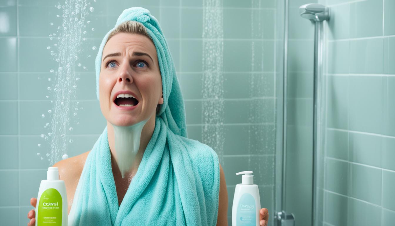 A person with dry skin standing in a shower with a bottle of hand soap in one hand and a bottle of body wash in the other hand, looking confused about which one to use.