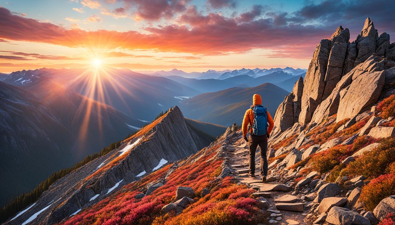 A rocky mountain path with a single figure standing looking at the sunrise