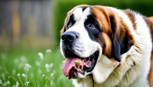 A close-up view of a Saint Bernard's mouth with drool dripping down its jowls.